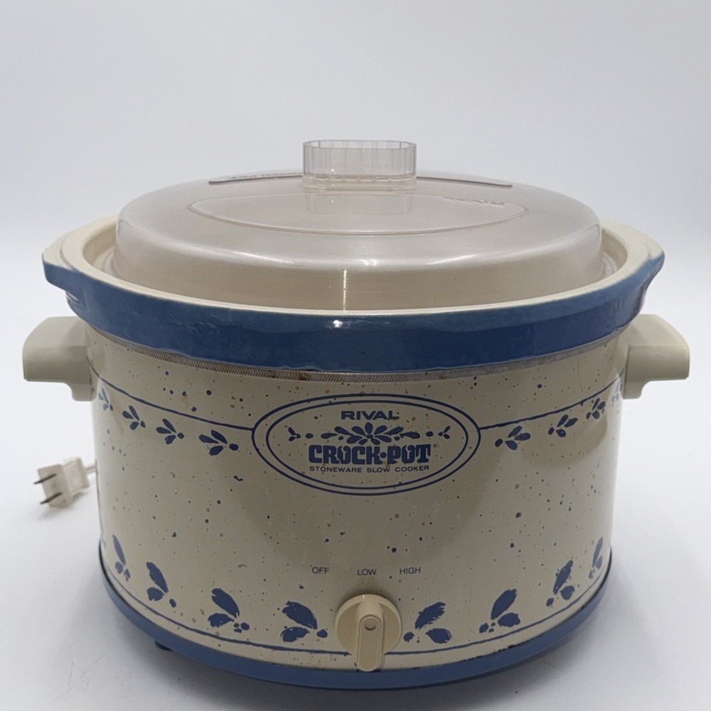 Vintage Rival 5 Qt Crock Pot Slow Cooker Blue Flowers Stoneware #3355 Tested